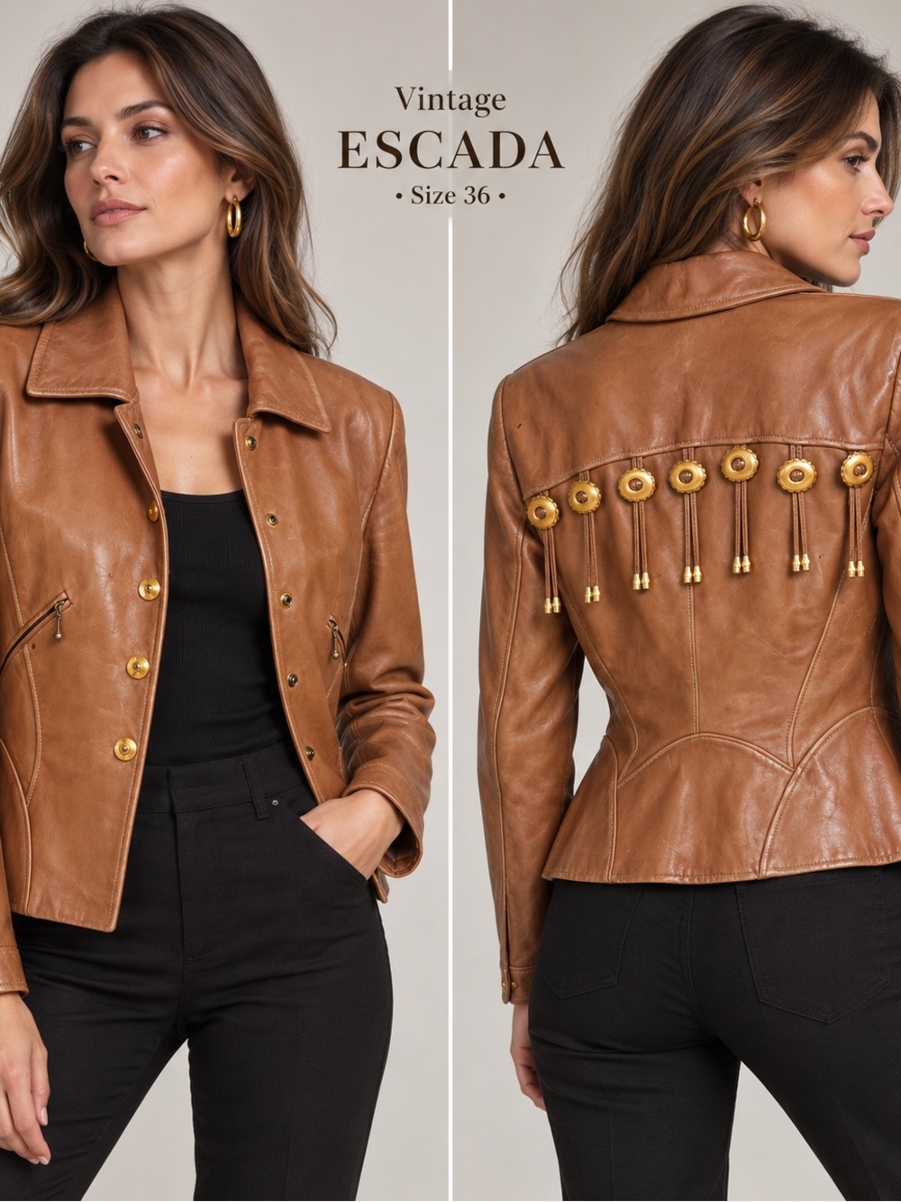 Vintage ESCADA Tan Leather Jacket with Gold Accents